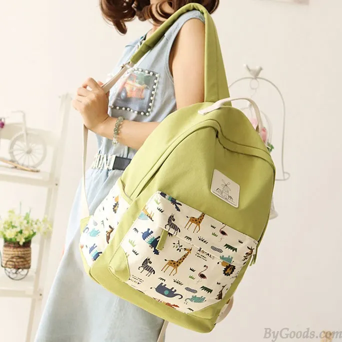 Fresh Animal Canvas Backpack Lion Elephant Giraffe Schoolbag