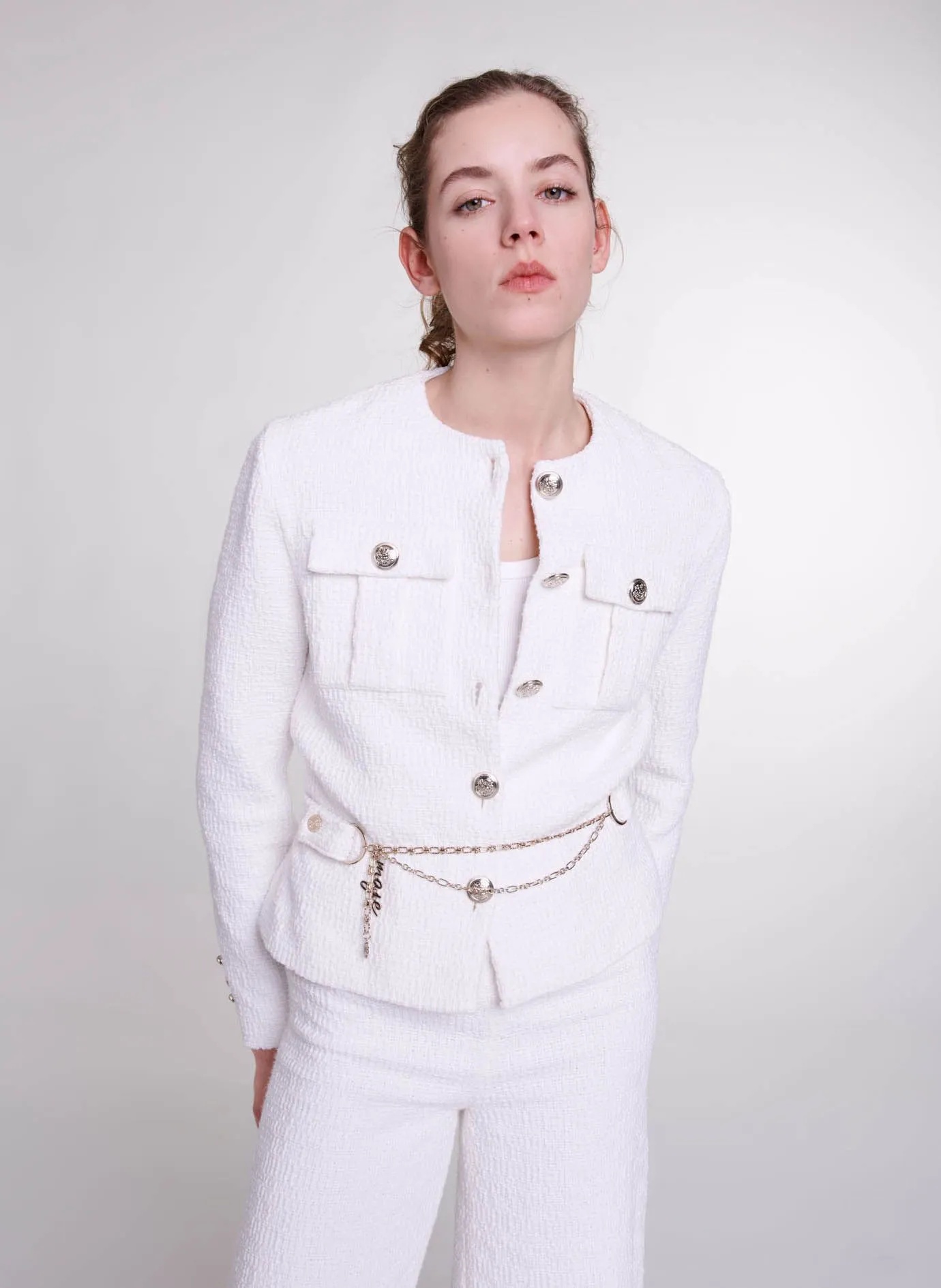 MAJE Chaqueta de tweed ajustada en blanco