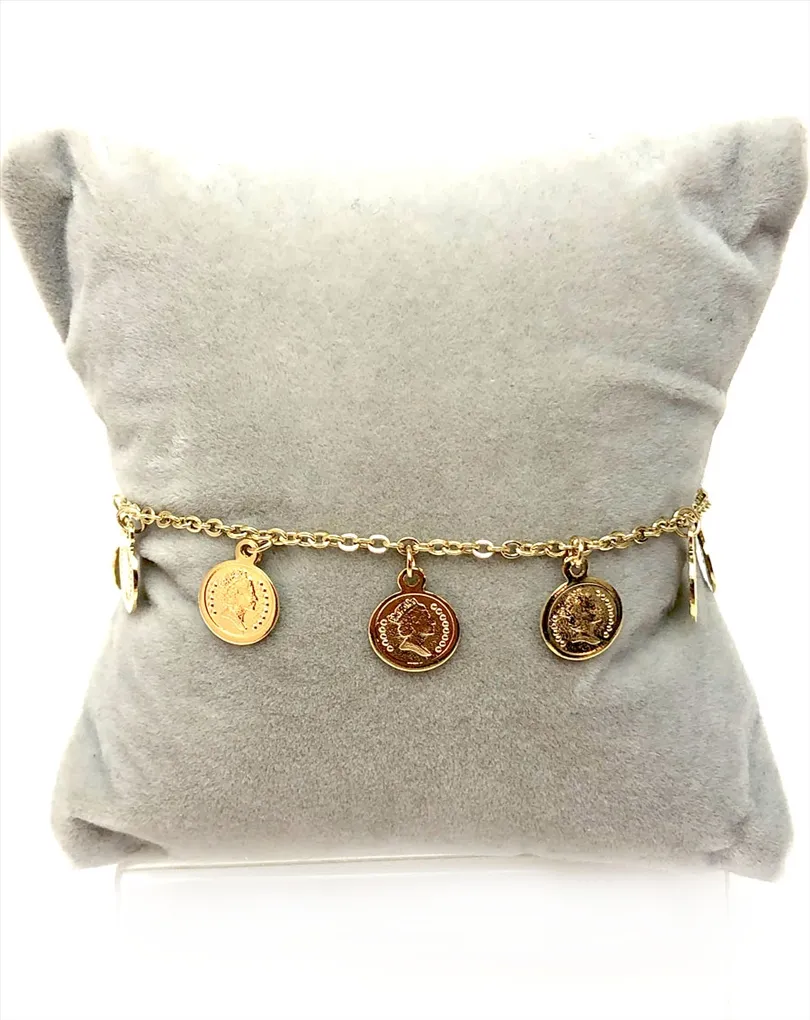 PULSERAS DE MUJER DORADAS DE ACERO CON MONEDAS VENTA ONLINE Y MADRID