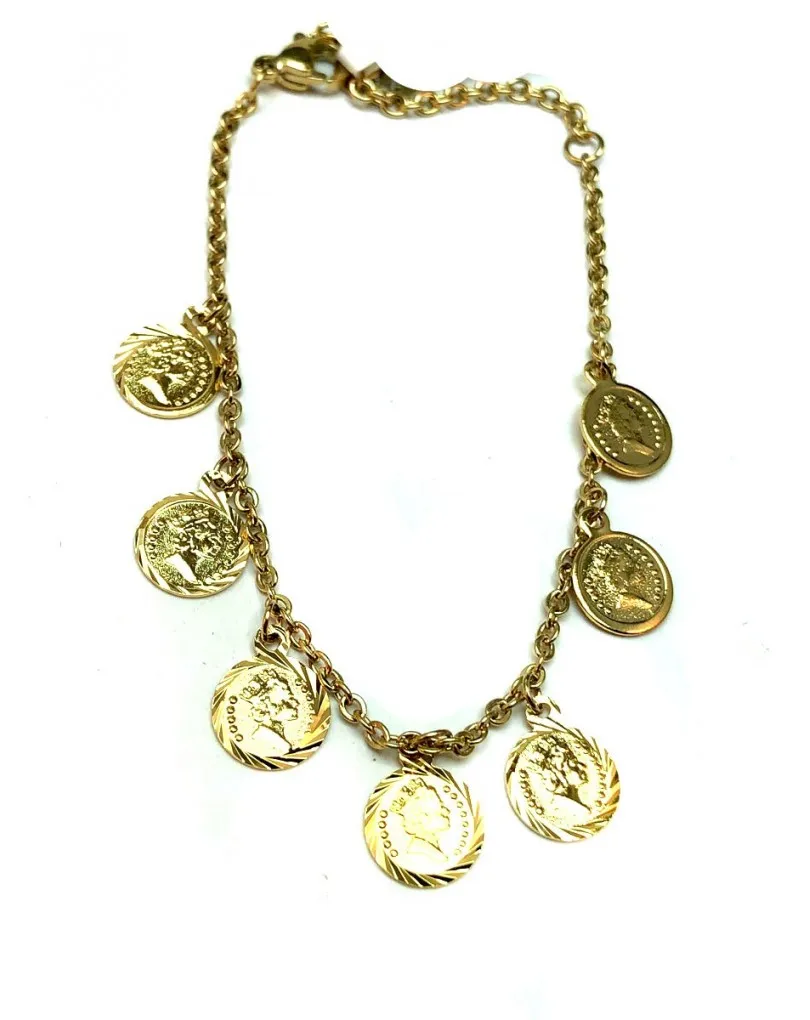 PULSERAS DE MUJER DORADAS DE ACERO CON MONEDAS VENTA ONLINE Y MADRID