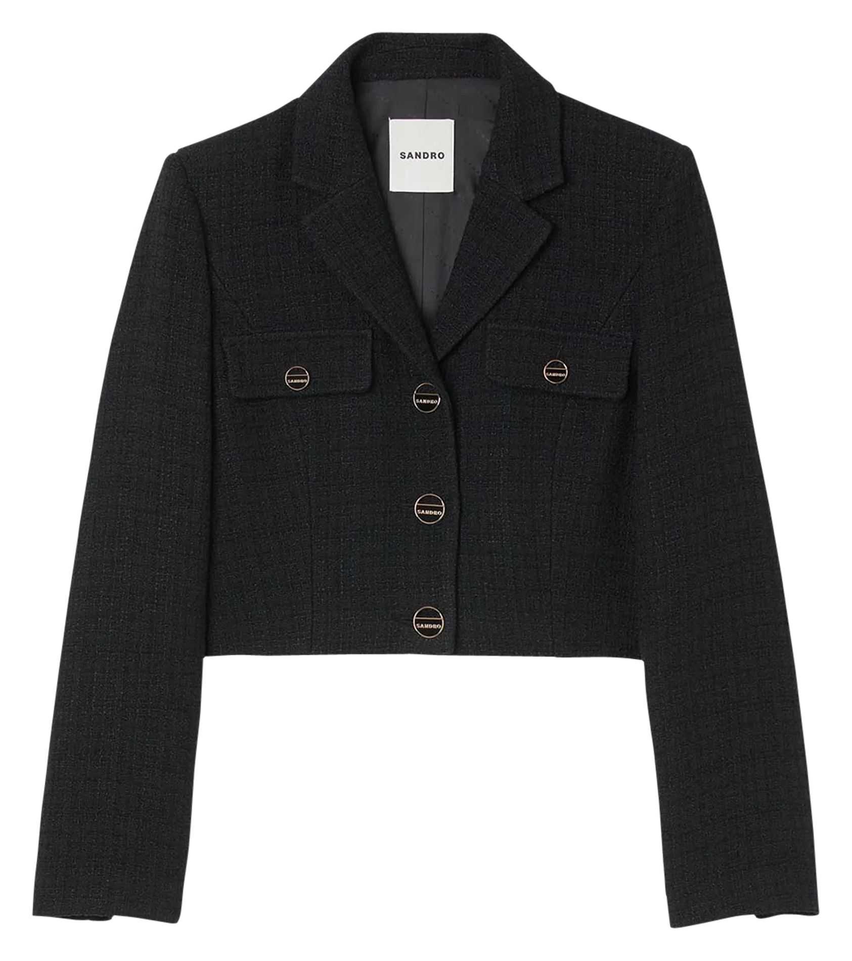 SANDRO Chaqueta corta de tweed en negro