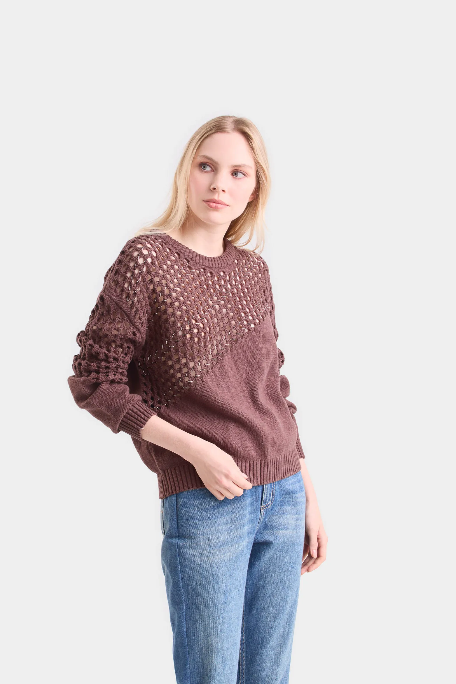 Sweater caltha tejido para mujer cortes malla con millaré